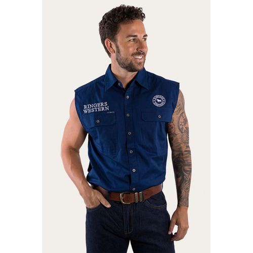 Ringers Western Mens Hawkeye Sleeveless Work Shirt (120210991) Navy with White Embroidery 4XL [GD]