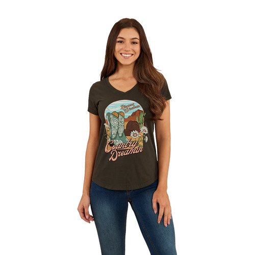 Ringers Western Womens Country Girls S/S V Neck Tee (222152RW) Charcoal 8 [GD]