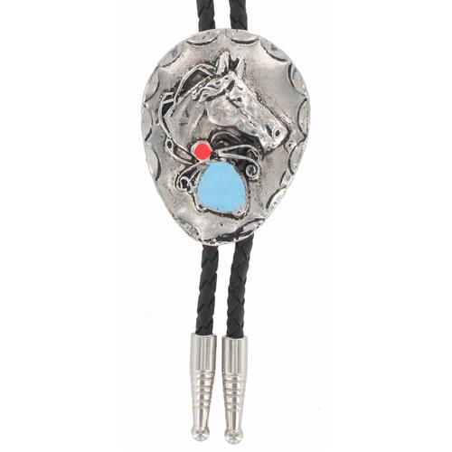 Tulmur Holdings Rhodium Oval Horsehead Bolo Tie (B108S)